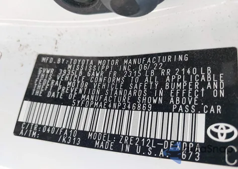 2022 Toyota Corolla L из США, поврежденный, VIN 5YFDPMAE4NP346869